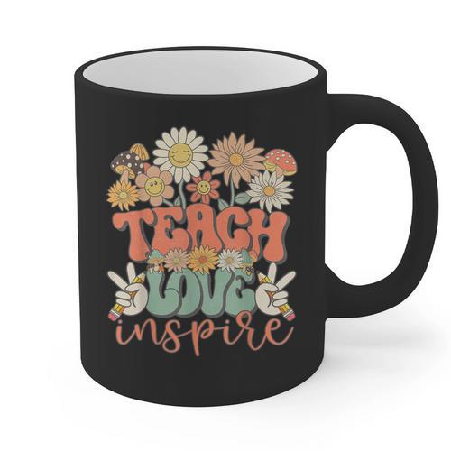 Teach Love Inspire Retro Groovy Daisy Back To School Teacher For Men Women Kids Graphic Print Coffee Mug - teacherstshirts.com AU