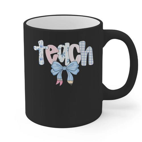 Teach Teacher Coquette Bow Pencil Back To School First Day Graphic Print Coffee Mug - teacherstshirts.com