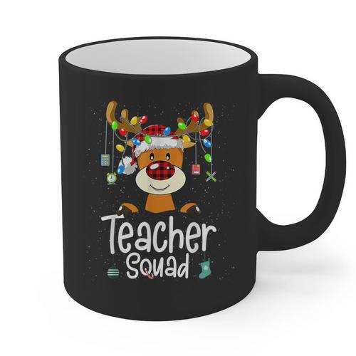 Teacher Squad Red Plaid Rudolph Reindeer Christmas Graphic Print Coffee Mug - teacherstshirts.com