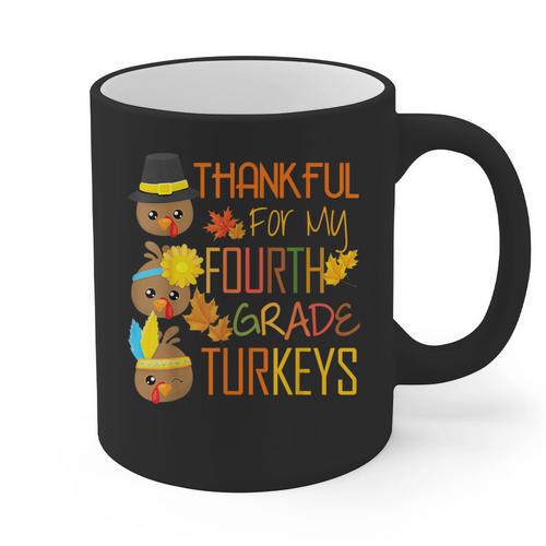 Thankful For My 4th Grade Turkey Thanksgiving Turkey Teacher Graphic Print Coffee Mug - teacherstshirts.com UK