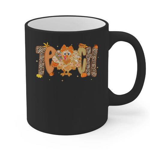 Thanksgiving Turkey Teach Thankful Teacher Girly Bow Women Graphic Print Coffee Mug - teacherstshirts.com DE