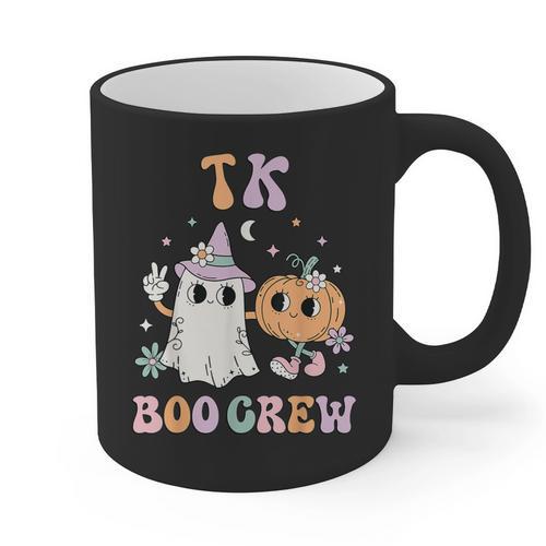 TK Boo Crew Retro Groovy Halloween Floral Ghost TK Teacher Men Women Kids Graphic Print Coffee Mug - teacherstshirts.com UK