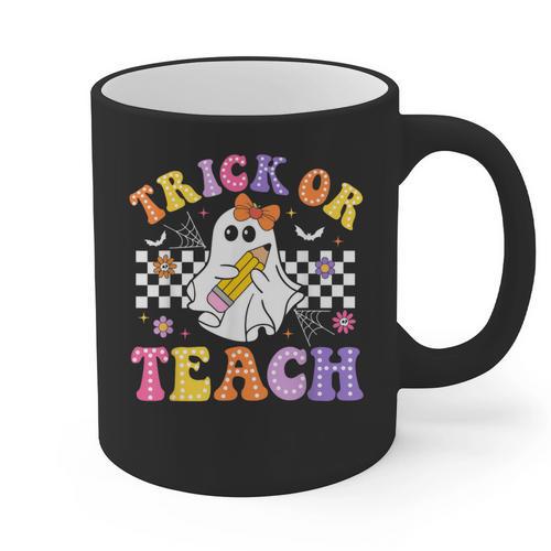 Trick Or Teach Groovy Halloween Teachers Graphic Print Coffee Mug - teacherstshirts.com