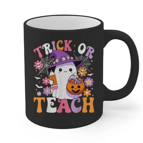 Trick Or Teach Groovy Teacher Ghost Halloween Teacher Graphic Print Coffee Mug - teacherstshirts.com DE