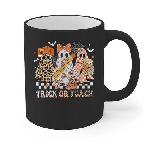 Trick Or Teach Groovy Teacher Halloween Floral Ghost Graphic Print Coffee Mug - teacherstshirts.com AU