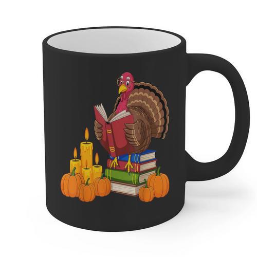 Turkey Reading Books Fall Thanksgiving Teacher Book Graphic Print Coffee Mug - teacherstshirts.com