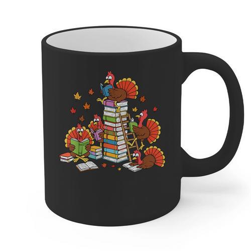 Turkey Reading Books Fall Thanksgiving Teacher Librarian Graphic Print Coffee Mug - teacherstshirts.com UK