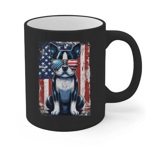 Vintage Boston Terrier Dog American USA US Flag Pets Lovers Graphic Print Coffee Mug - Bostonterriersmerch.com