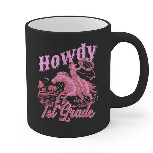Vintage Howdy First Grade Cowgirl Teacher Western School Graphic Print Coffee Mug - teacherstshirts.com UK