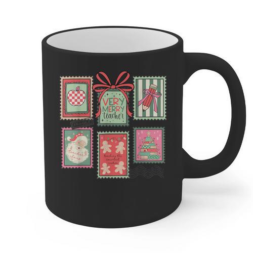 Vintage Preppy Very Merry Teacher Santa Stamps Christmas Graphic Print Coffee Mug - teacherstshirts.com