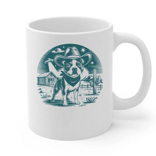 Boston Terrier Cowboy UFO Shirt Vintage Western Dog Mom Tee Graphic Print Coffee Mug - Bostonterriersmerch.com