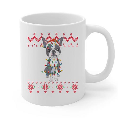 Boston Terrier Dog Santa Hat Men Kids Ugly Christmas Light Graphic Print Coffee Mug - Bostonterriersmerch.com