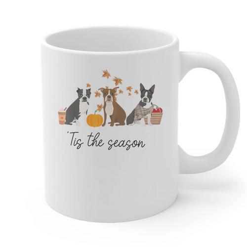 Boston Terrier Fall Pumpkin Tis The Season Autumn Women Graphic Print Coffee Mug - Bostonterriersmerch.com