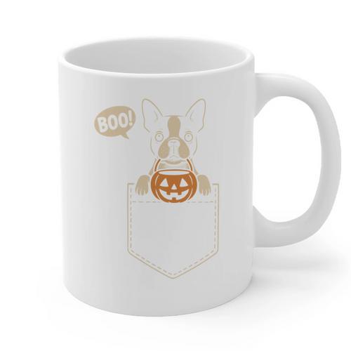 Boston Terrier Halloween Cute Bostie Dog Pocket Boo Graphic Print Coffee Mug - Bostonterriersmerch.com