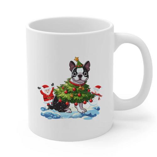 Boston Terrier Merry Christmas Tree Lights Dog X-Mas Dogs Graphic Print Coffee Mug - Bostonterriersmerch.com