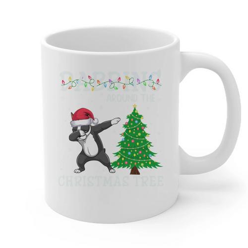 Boston Terrier Santa Hat Dabbing Around The Christmas Tree Graphic Print Coffee Mug - Bostonterriersmerch.com