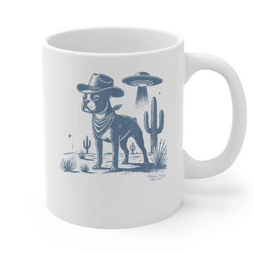 Boston Terrier UFO Cowboy Dog Dog Mom Dog Dad Alien Dog Graphic Print Coffee Mug - Bostonterriersmerch.com