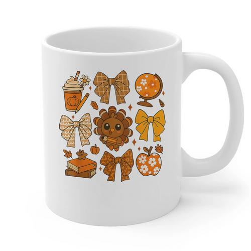 Coquette Teach Teacher Bows Thanksgiving Turkey Fall Autumn Graphic Print Coffee Mug - teacherstshirts.com AU