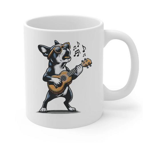 Dog Playing Guitar Singing Boston Terrier For Men Women Girls Kids Graphic Print Coffee Mug - Bostonterriersmerch.com