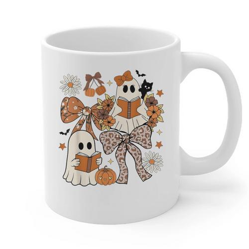 Ghost Reading Books Halloween Bow Spooky Teacher Student Graphic Print Coffee Mug - teacherstshirts.com