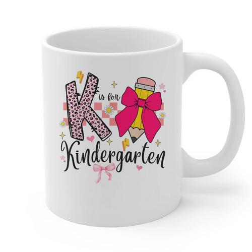 K Is For Kindergarten Teacher Coquette Bow Back To School Graphic Print Coffee Mug - teacherstshirts.com AU