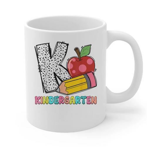 K Is For Kindergarten Teacher Pencil Apple Back To School Graphic Print Coffee Mug - teacherstshirts.com