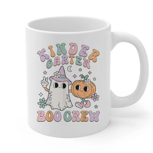Kindergarten Boo Crew Halloween Floral Ghost Kinder Teacher Graphic Print Coffee Mug - teacherstshirts.com UK