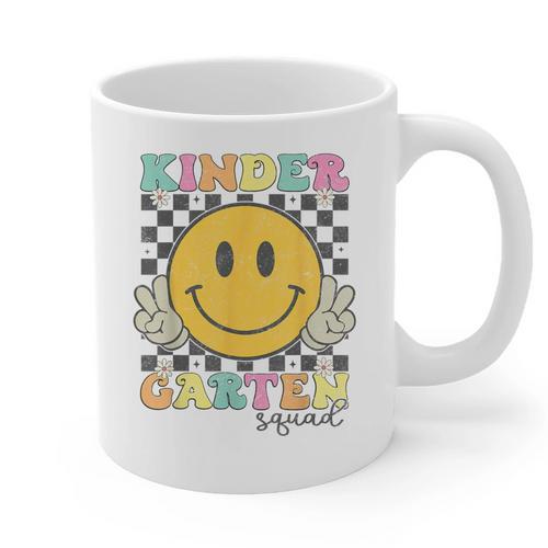 Kindergarten Squad Smile Face Teachers Kids Back To School Graphic Print Coffee Mug - teacherstshirts.com