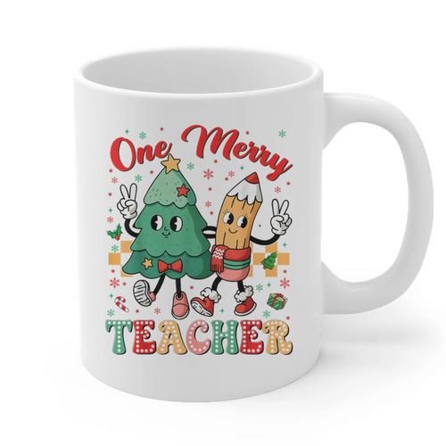 One Merry Teacher Groovy Christmas Tree Pjs Xmas Teacher Graphic Print Coffee Mug - teacherstshirts.com UK