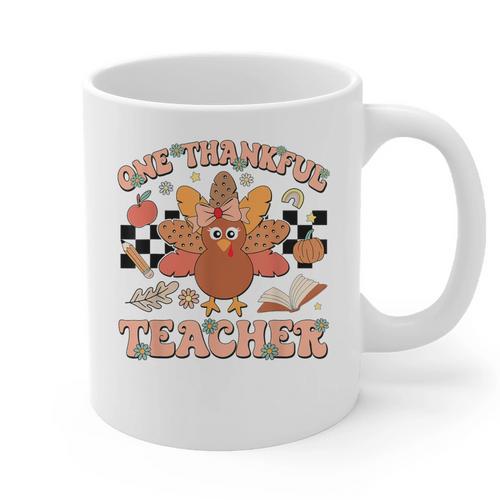 One Thankful Teacher Thanksgiving Retro Groovy Fall Teachers Graphic Print Coffee Mug - teacherstshirts.com AU