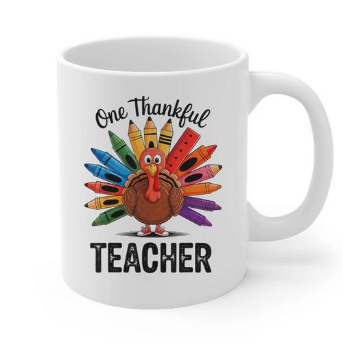 One Thankful Teacher Thanksgiving TurkeyCute Pencil Graphic Print Coffee Mug - teacherstshirts.com CA