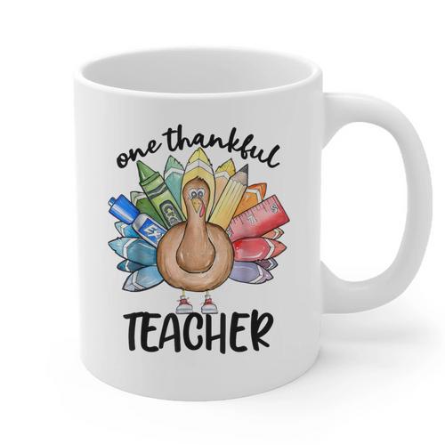 One Thankful Teacher Turkey Pencil Thanksgiving Teachers Graphic Print Coffee Mug - teacherstshirts.com UK