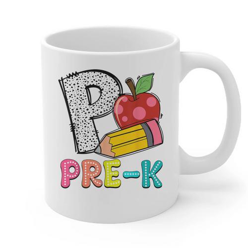 P Is For Pre-K Teacher Pencil Apple Back To School Graphic Print Coffee Mug - teacherstshirts.com