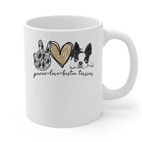 Peace Love Boston Terrier Boston Terrier Lover Dog Mom Graphic Print Coffee Mug - Bostonterriersmerch.com