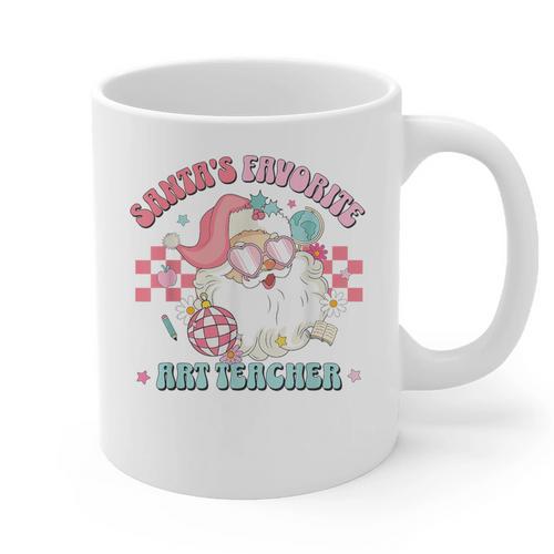 Retro Pink Christmas Santa's Favorite Art Teacher Artist Graphic Print Coffee Mug - teacherstshirts.com AU