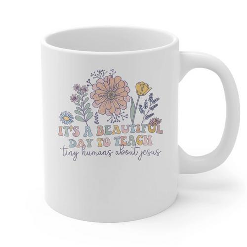 Retro I Teach Tiny Humans About Jesus Christian Teacher Graphic Print Coffee Mug - teacherstshirts.com