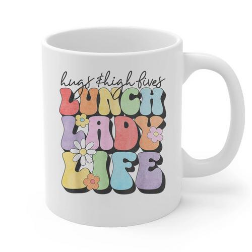 Soul Bleach Teacher Staff First Day Of School Last Hugs & High Fives Lunch Lady Vibes Blue Classic Fit Graphic Print Coffee Mug - teacherstshirts.com UK