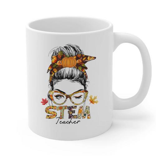 STEM Teacher Messy Bun Fall Vibes Autumn Thanksgiving Men Women Graphic Print Coffee Mug - teacherstshirts.com