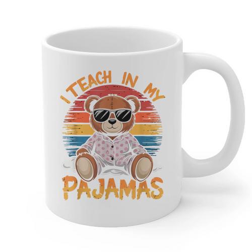 I Teach In My Pajamas Teacher Sunset Bear Retro Graphic Print Coffee Mug - teacherstshirts.com UK