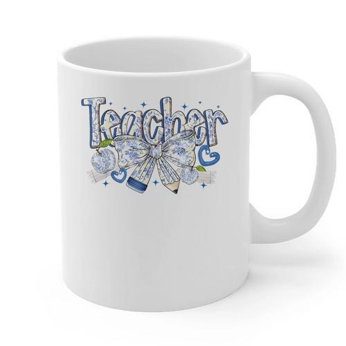 Teacher Blue Chinoiserie Coquette Bow Heart Teacher Life Graphic Print Coffee Mug - teacherstshirts.com AU