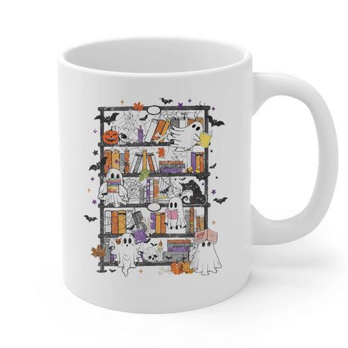 Teacher Library Ghost Reading Book Halloween Cat Graphic Print Coffee Mug - teacherstshirts.com