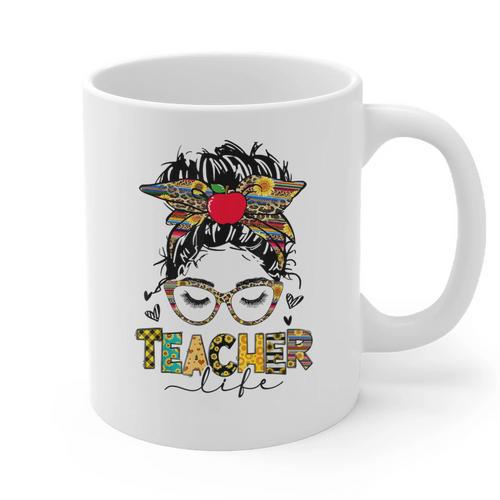 Teacher Life Messy Bun Glasses Leopard Sunflower Graphic Print Coffee Mug - teacherstshirts.com