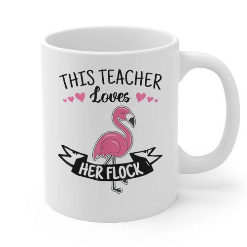 This Teacher Loves Her Flock Cute Flamingo Teacher Graphic Print Coffee Mug - teacherstshirts.com UK