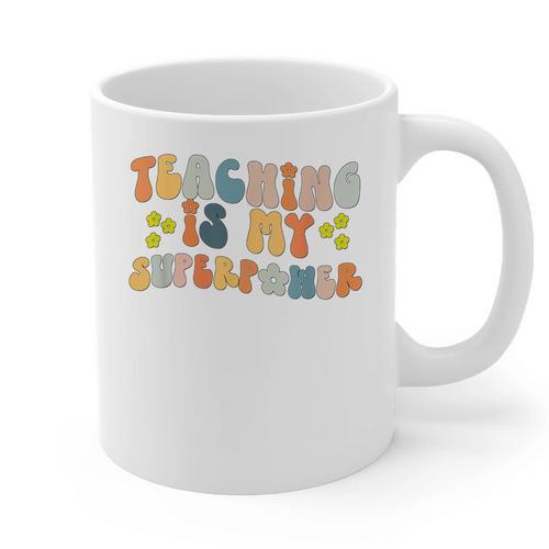 Teaching Is My Superpower Vintage Groovy University Teacher Graphic Print Coffee Mug - teacherstshirts.com CA