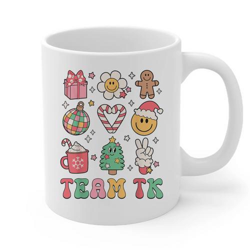 Team TK Teacher Christmas Groovy Smile Face Girl Boy Kid TK Graphic Print Coffee Mug - teacherstshirts.com AU