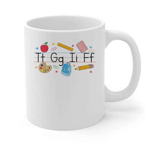 TGIF Teacher Alphabet Kindergarten Teacher Appreciation Graphic Print Coffee Mug - teacherstshirts.com DE