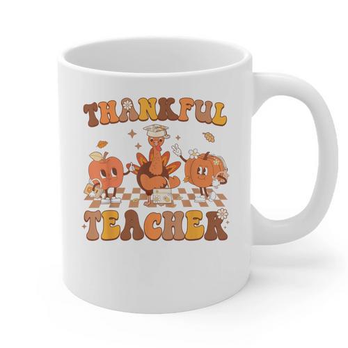 Thankful Teacher Retro Groovy Thanksgiving Fall Women Men Graphic Print Coffee Mug - teacherstshirts.com