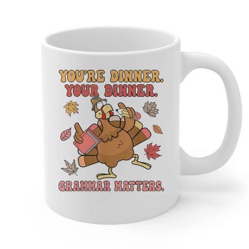 Thanksgiving Grammar Thankful English Teacher Fall Turkey Graphic Print Coffee Mug - teacherstshirts.com UK