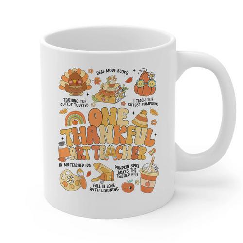 Thanksgiving One Thankful Art Teacher Fall Groovy Men Women Graphic Print Coffee Mug - teacherstshirts.com AU