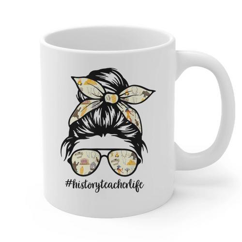 History Teacher Messy Bun Life Hair Glasses Graphic Print Coffee Mug - teacherstshirts.com